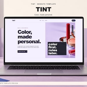 TINT Shopify-Theme-Vorlage für Kosmetikshops mit Startseite, Kollektions- und Produktseiten, einer Theme-Einrichtungsanleitung sowie Liquid-, JSON- und CSS-Dateien