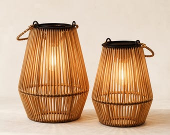 Lampa solarna bambusowa na zewnątrz, ręcznie tkana lampa solarna, wodoodporna dekoracja tarasu i ogrodu (IP65), ciepła lampa wisząca na werandę i balkon