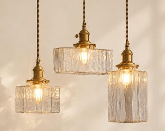 Glaspendellampa, texturerad glashänglampa, vintage Edison-glödlampa, köksö, lantlig kopparfärgad taklampa, justerbar sladd