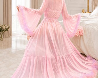 Women’s Pink Mesh Robe with Ruffle Trim, Trumpet Sleeves & Belted Waist, Sheer Long Bridal Robe, Ruffle Hem Loungewear