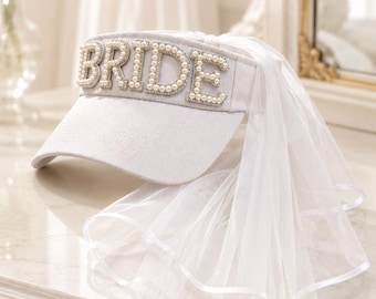 Bride Visor with Veil, Pearl Rhinestone Bridal Hat, Beach Wedding Accessory