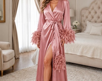 Pink Satin Feather Robe, Long Luxury Bridal Robe with Fuzzy Cuffs and Belt, Glamorous Wedding Morning Loungewear