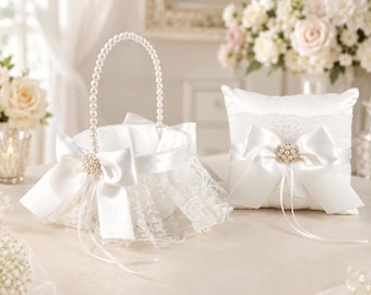 Ivory Flower Girl Basket and Ring Pillow Set, Pearl Handle Lace Wedding Basket, Satin Bow Ceremony Accessories