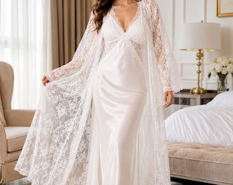 White Sheer Chiffon Bridal Robe Set, Satin Lace Camisole Dress, Long Lace Trim Robe, Bride Getting Ready Sleepwear