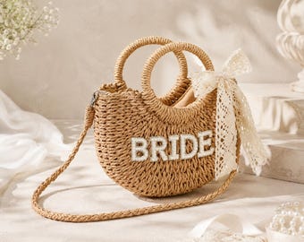 Bride Straw Purse, Handwoven Bridal Bag, Rhinestone Letters, Honeymoon Accessory