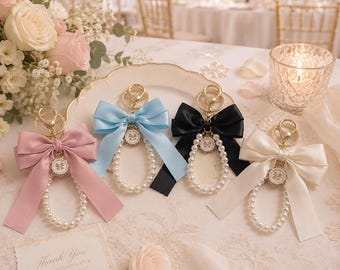 Satin Bow Faux Pearl Keychain, Coquette Bag Accessory, Bridal Charm, Ivory Key Ring