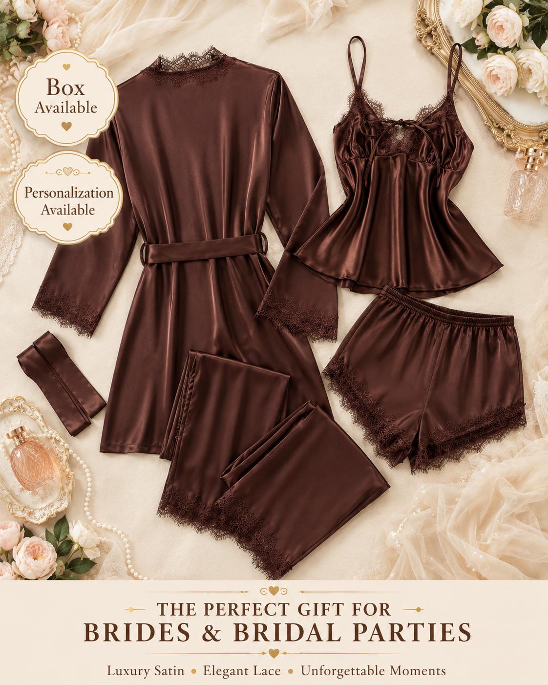 Coffee Brown Satin Pajama Set, 5 Piece Lace Sleepwear Set, Camisole…