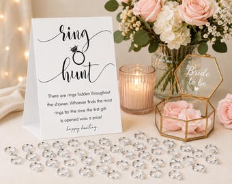 Bridal Shower Ring Hunt Game, Wedding Activity with Sign, 50 Rings, Engagement Party Decor