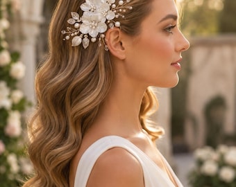 White Floral Bridal Hair Clip, Pearls, Crystals, Elegant Wedding Hairpiece
