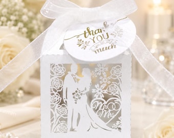 Wedding Favor Candy Boxes with Thank You Tags & Ribbons, White Laser Cut Bride and Groom Treat Boxes, Wedding Party Favors