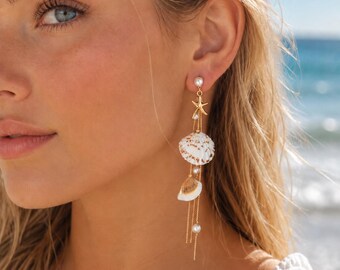 Beach Shell Earrings, Starfish Drop Earrings for Women, Pearl Seashell Dangle Earrings, Boho Summer Vacation Jewelry, Ocean Coastal Gift