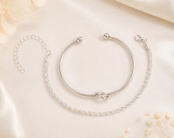 Silver Knot Cuff and Rope Chain Bracelet Set, Layered Bridal Jewelry