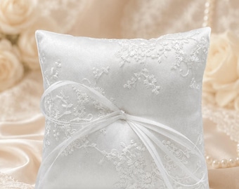 White Lace Wedding Ring Bearer Pillow with Satin Cushion Ribbon Bow Bridal Accessory
