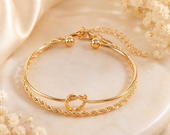 Gold Knot Cuff and Rope Chain Bracelet Set, Layered Bridal Jewelry