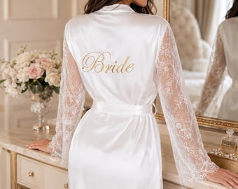White Satin Bride Robe with Lace Sleeves, Wedding Morning Getting Ready Outfit