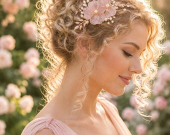 Blush Pink Floral Bridal Hair Clip with Pearls and Crystals, Rose Gold Wedding Accessory
