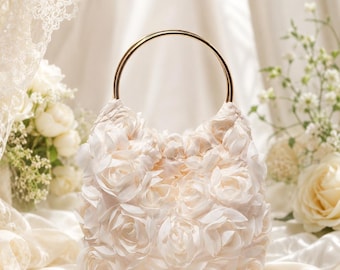 Ivory Rose Flower Evening Bag, Gold Handle Bridal Clutch, Formal Wedding Handbag