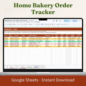 Puede incluir: Una pantalla de portátil que muestra una hoja de cálculo Home Bakery Order Tracker en Google Sheets. La interfaz presenta columnas para ID de pedido, fecha, cliente, contacto, producto, cantidad, totales y estado de pago con filas codificadas.