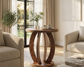 Round Side Table Rustic Farmhouse Accent Table With Storage