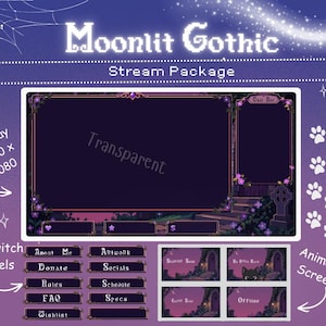 Op de afbeelding: Een digitaal stream-pakket genaamd Moonlit Gothic met een 1920 x 1080 overlay met paarse bloemenranden, een chatbox, tien rechthoekige knoppen met de labels About Me, Donate, Rules, FAQ, Wishlist, Artwork, Socials, Schedule, Specs en vier schermen.