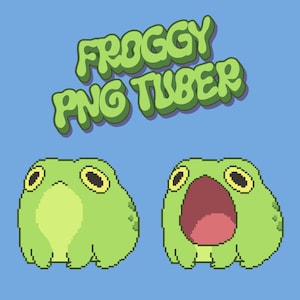 Może przedstawiać: Cyfrowa ilustracja z napisem FROGGY PNG TUBER zielonymi literami bąbelkowymi nad dwiema żabami w stylu pixel art. Jedna żaba ma zamknięty pyszczek, a druga ma szeroko otwarty pyszczek, ukazujący różowe wnętrze na niebieskim tle.