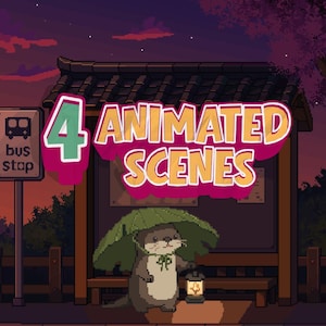May include: A pixel art illustration of an otter standing at a bus stop at dusk. The otter holds a glowing lantern and carries a large green leaf over its head like an umbrella. The text 4 ANIMATED SCENES is displayed in large, bold letters above the otter.