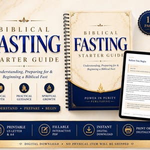 May include: A spiral-bound Biblical Fasting Starter Guide with a cream and navy blue cover, featuring the text Biblical Fasting Starter Guide, Understanding, Preparing for & Beginning a Biblical Fast, and Power in Purity Publishing. Includes a tablet displaying text and a 17-page badge.