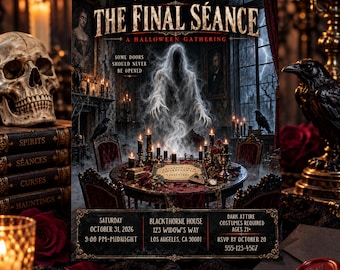 May include: A rectangular Halloween invitation titled The Final Séance, featuring a ghostly figure rising from a table with candles, a ouija board, and ravens. Text includes event details for October 31, 2026, at Blackthorne House, 123 Widow's Way.