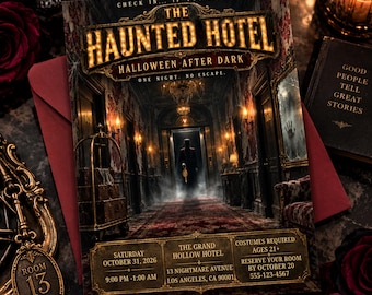 May include: A rectangular event flyer titled The Haunted Hotel Halloween After Dark, featuring a dark hotel hallway, a silhouette figure, and text details including Saturday October 31, 2026, 9:00 PM-1:00 AM, The Grand Hollow Hotel, 13 Nightmare Avenue, Los Angeles, CA 90001.