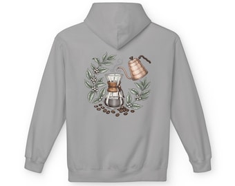 Felpa con illustrazione di Chemex per caffè / Chicchi di caffè, caffettiera a filtro, design botanico