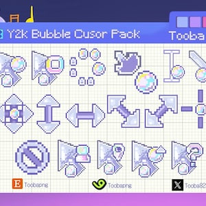 May include: A digital collection of pixel art mouse cursors titled Y2k Bubble Cursor Pack by Tooba. The set features various light purple and white arrow, crosshair, and loading icons decorated with iridescent bubble graphics on a grid background.