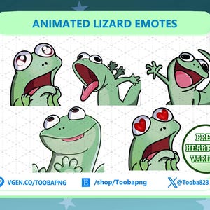 Op de afbeelding: Een verzameling geanimeerde hagedis-emotes die verschillende emoties uitdrukken, waaronder verrassing, tong uitsteken, zwaaien, glimlachen en met hartogen. De afbeelding bevat de tekst "ANIMATED LIZARD EMOTES" en "INSTANT DOWNLOAD".