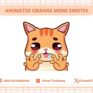 Peut inclure: Une illustration numérique d'un chat tigré orange avec de grands yeux sombres, des joues roses et une langue tirée avec une goutte de bave bleue. Le chat a les pattes levées. Le texte indique ANIMATED ORANGE MEME EMOTES, VGEN.CO/TOOBAPNG, /shop/Toobapng et @Tooba823.