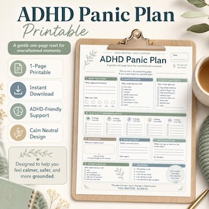 Puede incluir: Un documento imprimible ADHD Panic Plan en un portapapeles de madera. La página presenta secciones para técnicas de conexión a tierra, herramientas de calma y planes de cuidado posterior con texto en verde oscuro y beige, incluyendo casillas.