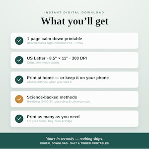 May include: An informational graphic titled What you'll get listing features of a 1-page calm-down printable. It includes details like US Letter 21.59 cm by 27.94 cm, 300 DPI, print-at-home options, science-backed methods, and unlimited printing.