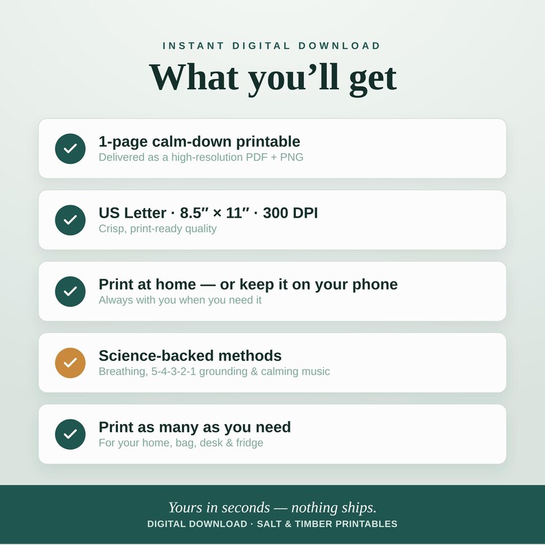 May include: An informational graphic titled What you'll get listing features of a 1-page calm-down printable. It includes details like US Letter 21.59 cm by 27.94 cm, 300 DPI, print-at-home options, science-backed methods, and unlimited printing.