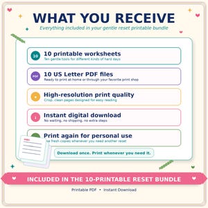 May include: A digital information graphic titled WHAT YOU RECEIVE, detailing a gentle reset printable bundle. It lists 10 printable worksheets, 10 US Letter PDF files, high-resolution print quality, instant digital download, and print again for personal use.