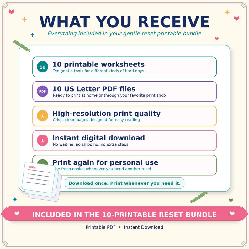 May include: A digital information graphic titled WHAT YOU RECEIVE, detailing a gentle reset printable bundle. It lists 10 printable worksheets, 10 US Letter PDF files, high-resolution print quality, instant digital download, and print again for personal use.