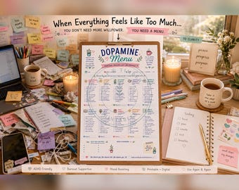 Dopamine Menu Printable | ADHD- Neurodivergent Self-Care Tool | Burnout Overwhelm & Anxiety Planner | Mood Boost Mental Health Checklist