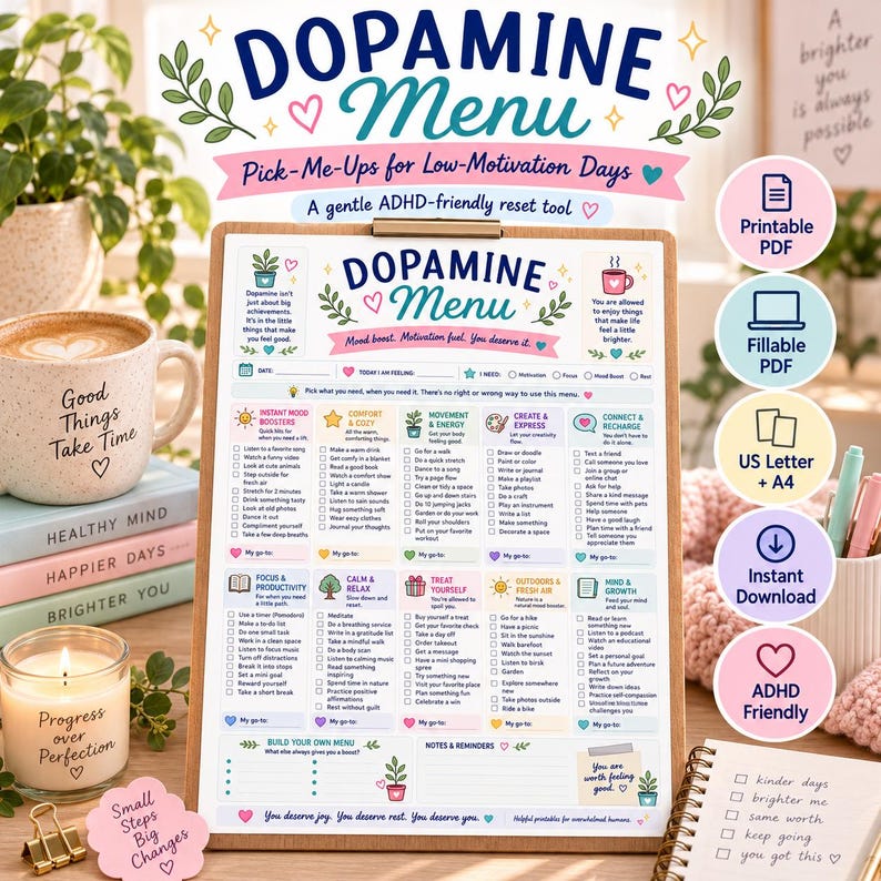 Dopamine Menu | ADHD Planner | Fillable PDF + Printable | Low Motivation Boost Tool image 1