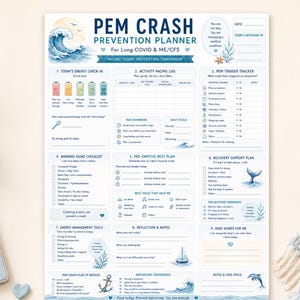 Puede incluir: Un planificador de prevención de crisis PEM para COVID persistente y EM/SFC con un diseño en azul y blanco e ilustraciones marinas. El documento incluye secciones para el control de energía, registros de actividad y planes de recuperación.