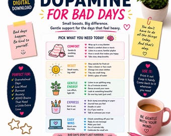Dopamine for Bad Days Printable, ADHD Self Care Worksheet for Burnout & Low Mood
