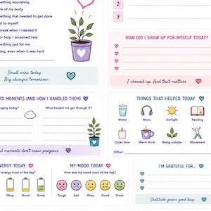 May include: A daily wellness journal page featuring sections for tracking self-care, energy levels, mood, and gratitude. The layout includes illustrations of potted plants, hearts, and icons for daily activities like reading, music, and sunlight, with text prompts in English.