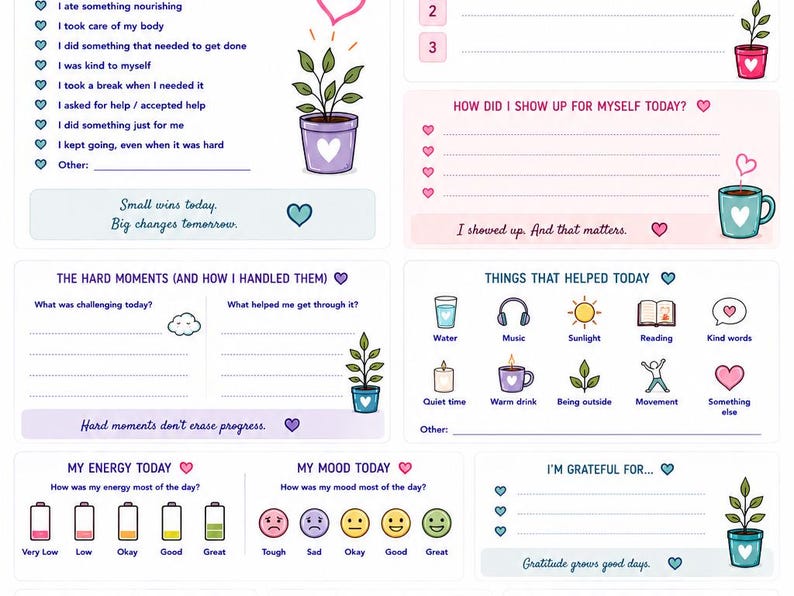 May include: A daily wellness journal page featuring sections for tracking self-care, energy levels, mood, and gratitude. The layout includes illustrations of potted plants, hearts, and icons for daily activities like reading, music, and sunlight, with text prompts in English.