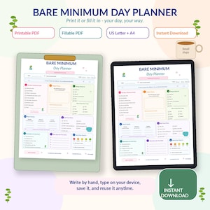 Könnte beinhalten: Ein Bare Minimum Day Planner-Template auf einem Klemmbrett und einem Tablet-Bildschirm. Das Layout enthält Bereiche für Ziele, Fokus, Energie, Selbstfürsorge und tägliche Aufgaben. Der Text lautet "BARE MINIMUM DAY PLANNER" und "Instant Download".