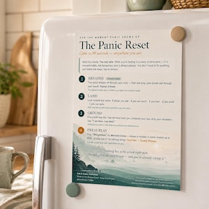May include: A rectangular informational print titled The Panic Reset, featuring a four-step guide for anxiety management. The design includes text instructions, numbered steps, and a landscape illustration of a misty forest and ocean.