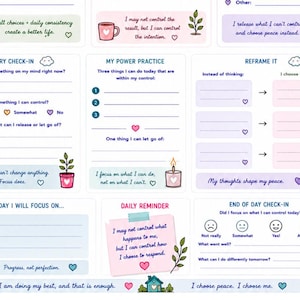 May include: A mental health wellness planner sheet featuring sections for worry check-ins, power practices, and daily reminders. The layout includes pastel-colored boxes, lined writing spaces, small potted plant illustrations, and motivational text.