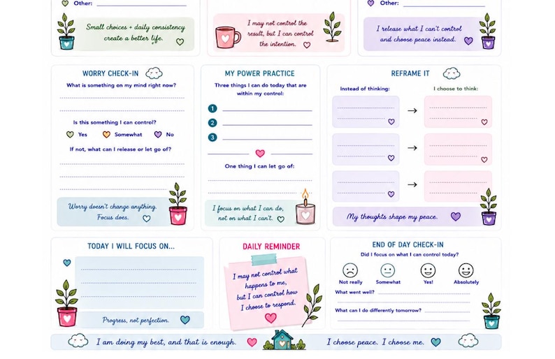 May include: A mental health wellness planner sheet featuring sections for worry check-ins, power practices, and daily reminders. The layout includes pastel-colored boxes, lined writing spaces, small potted plant illustrations, and motivational text.