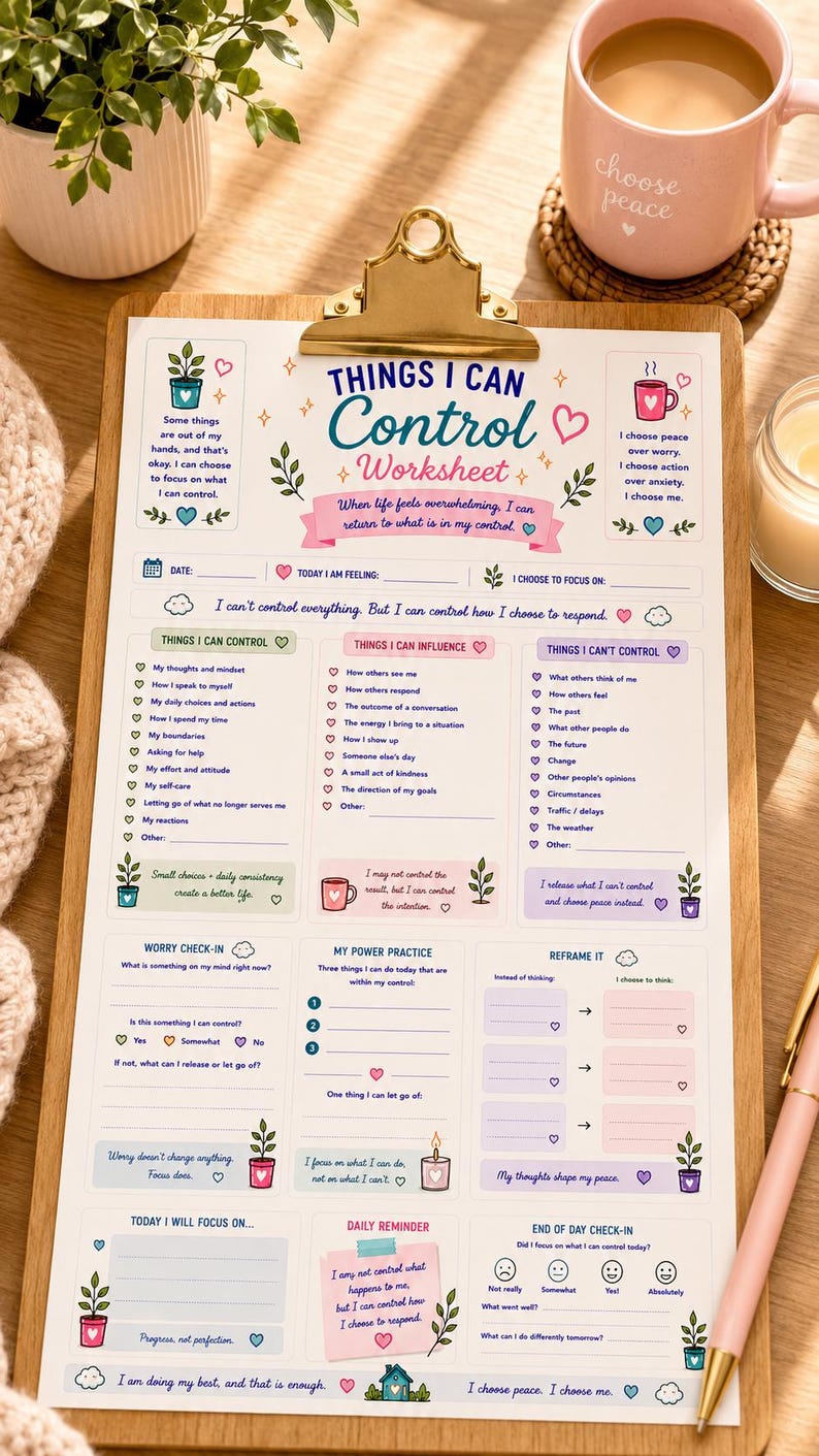 May include: A printed worksheet titled Things I Can Control with sections for self-reflection, including lists for things to control, influence, and release. The document features pastel illustrations of plants, mugs, and hearts, held by a gold metal clip.