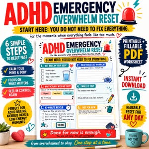 ADHD Overwhelm Reset Worksheet | Fillable - Printable PDF | Brain Dump & 10-Minute Rescue